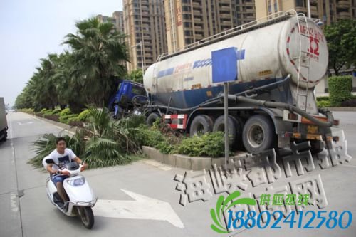 漳州市龙文北路一油罐车避让摩托骑上绿化带