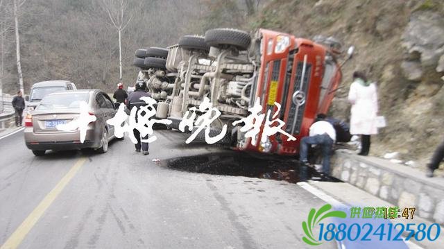 满载水泥罐车国道边侧翻 车身罐体严重受损(图)
