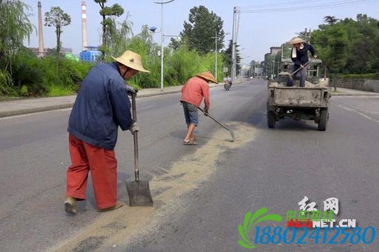 环卫工人铺细沙稀释路面柴油。