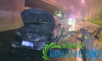 轿车撞上护栏烧得面目全非