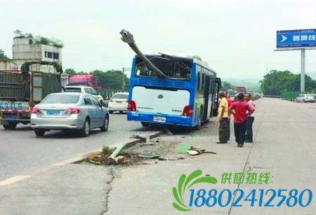 公交车撞上防护栏 20米护栏穿透车身