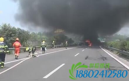 消防人员到达事故现场后发现，行车道上一台车牌为桂B43290的满装有双氧水的槽罐车被一台满装瓷片的车牌为豫RM529挂的货车追尾，后方再被一台车牌为湘M1708挂的小车运输车卡车追尾，造成猛烈燃烧，引燃了后方两台追尾货车和旁边超车道的两台小车，现场5台车辆浓烟四起。