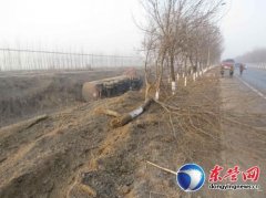 东营一司机为躲“不明小动物” 29吨油罐车侧翻